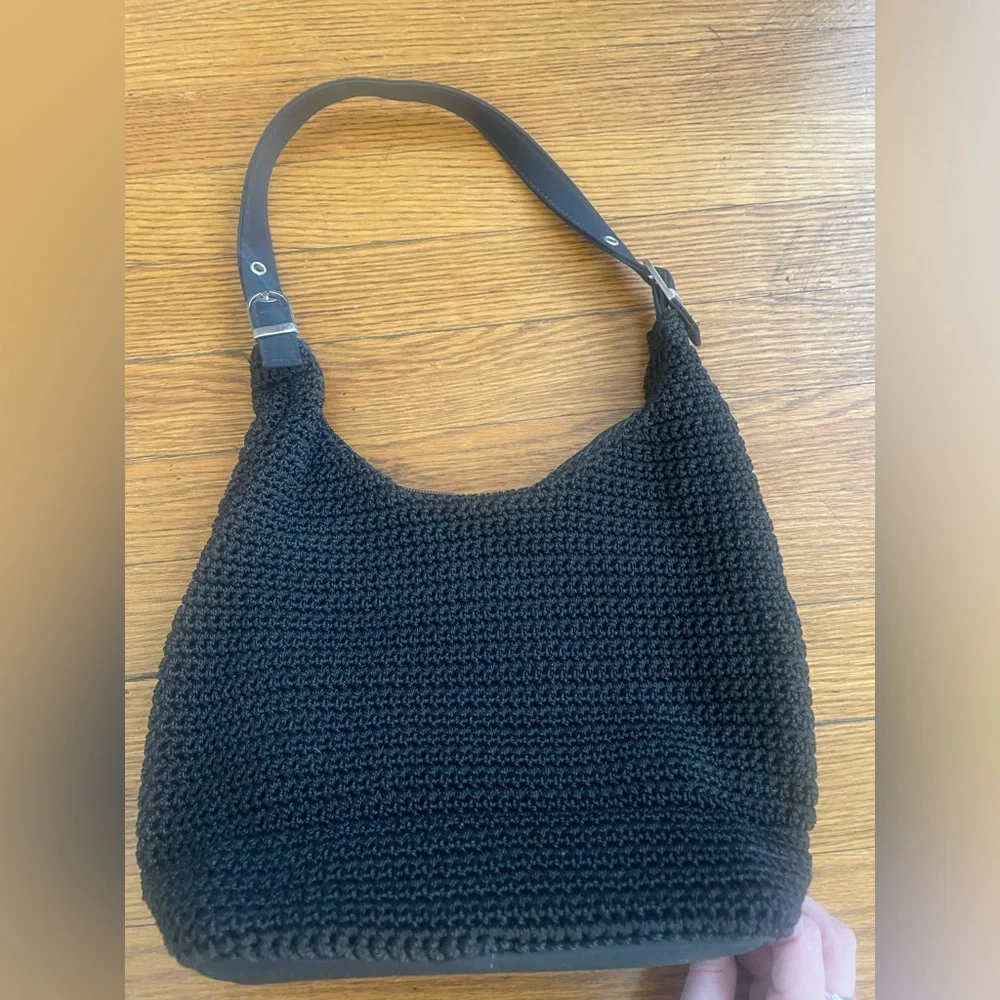 Black Crochet Knit Purse with Silver Hardware